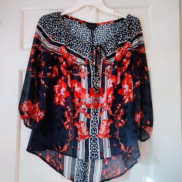GUESS Los Angeles sz L Floral Semi-Sheer Blouse Top Long Sleeve Navy Blue Red - Picture 1 of 14